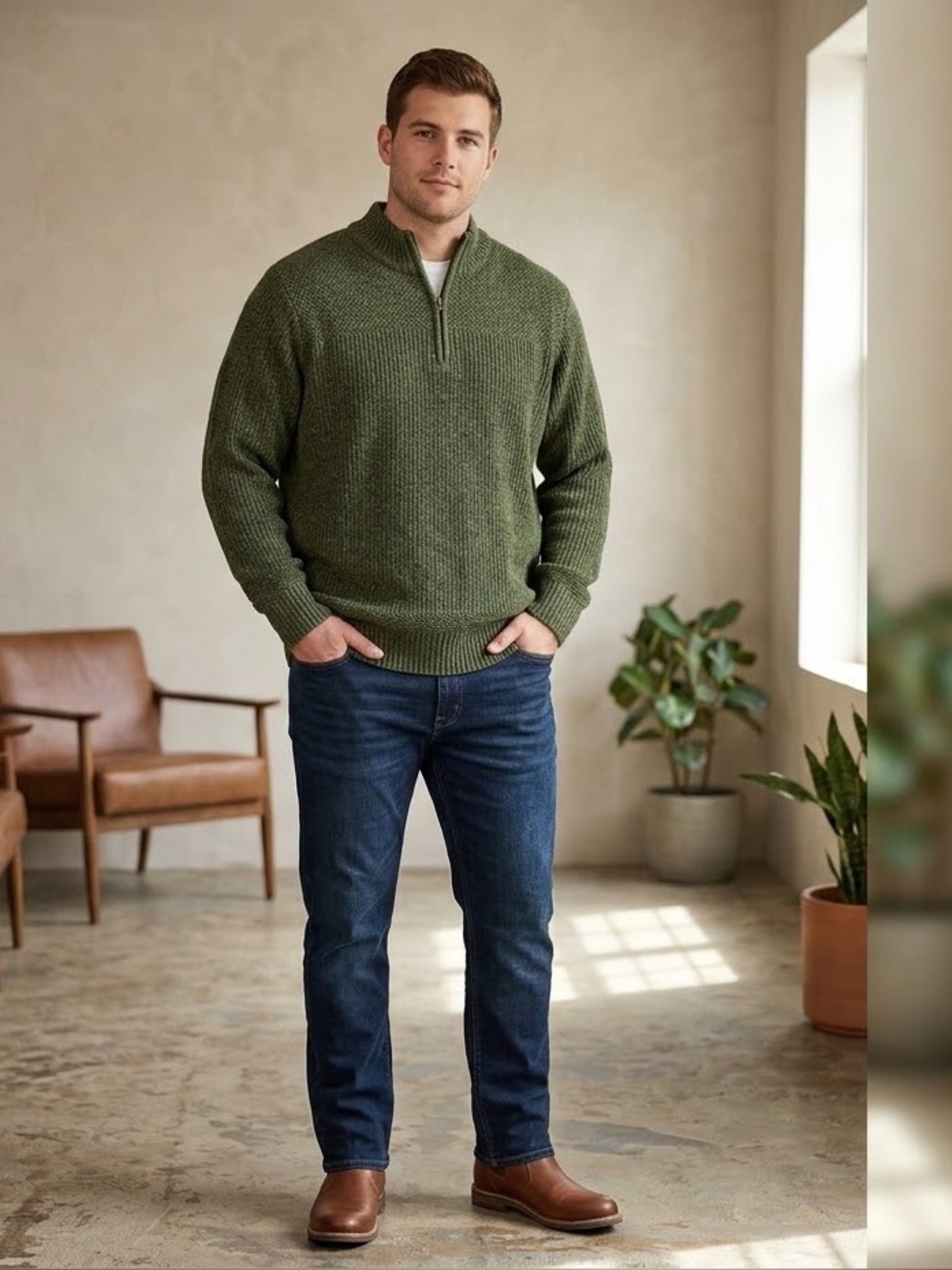 RedHead Brand Co Mens 2XL Olive Green Quarter Zip Sweater Chunky Ribbed